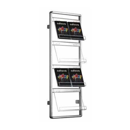 Stojak na broszury A4 MALL ścianę - aluminiowy, z akrylowymi półkami